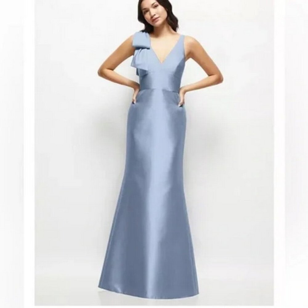 Alfred Sung Cloudy Blue Bow Sleeveless Satin Twill Gown Dress D863 - Picture 1 of 2